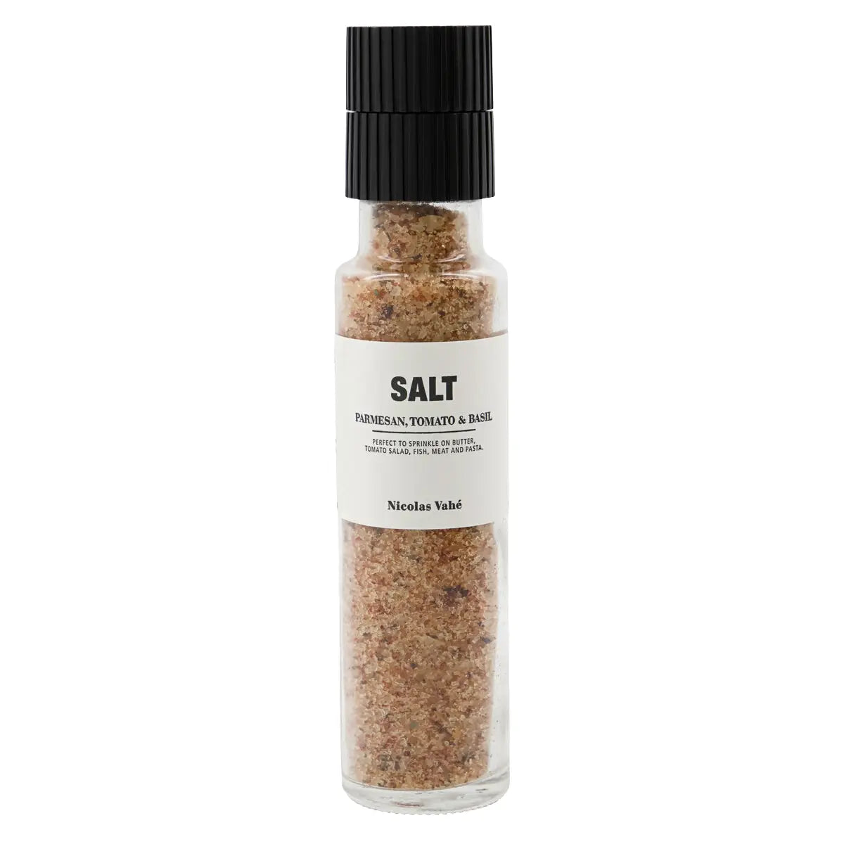 Nicolas Vahé salt med parmesan, tomat og basilikum i glaskværn, 300 g