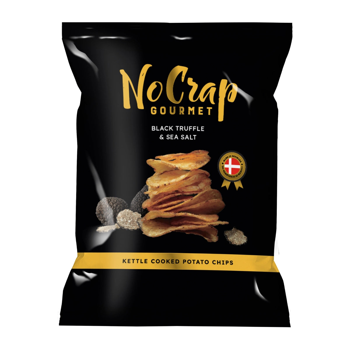 NoCrap Gourmet Black Truffle & Sea Salt kettle cooked potato chips 150 g – sprøde kartoffelchips med smag af sort trøffel og havsalt, krydret med hvidløg og sort peber samt løg, med champignonpulver og gæreekstrakt for umami; produceret i Danmark og perfekt til tapas, ostebord, vin og snacks