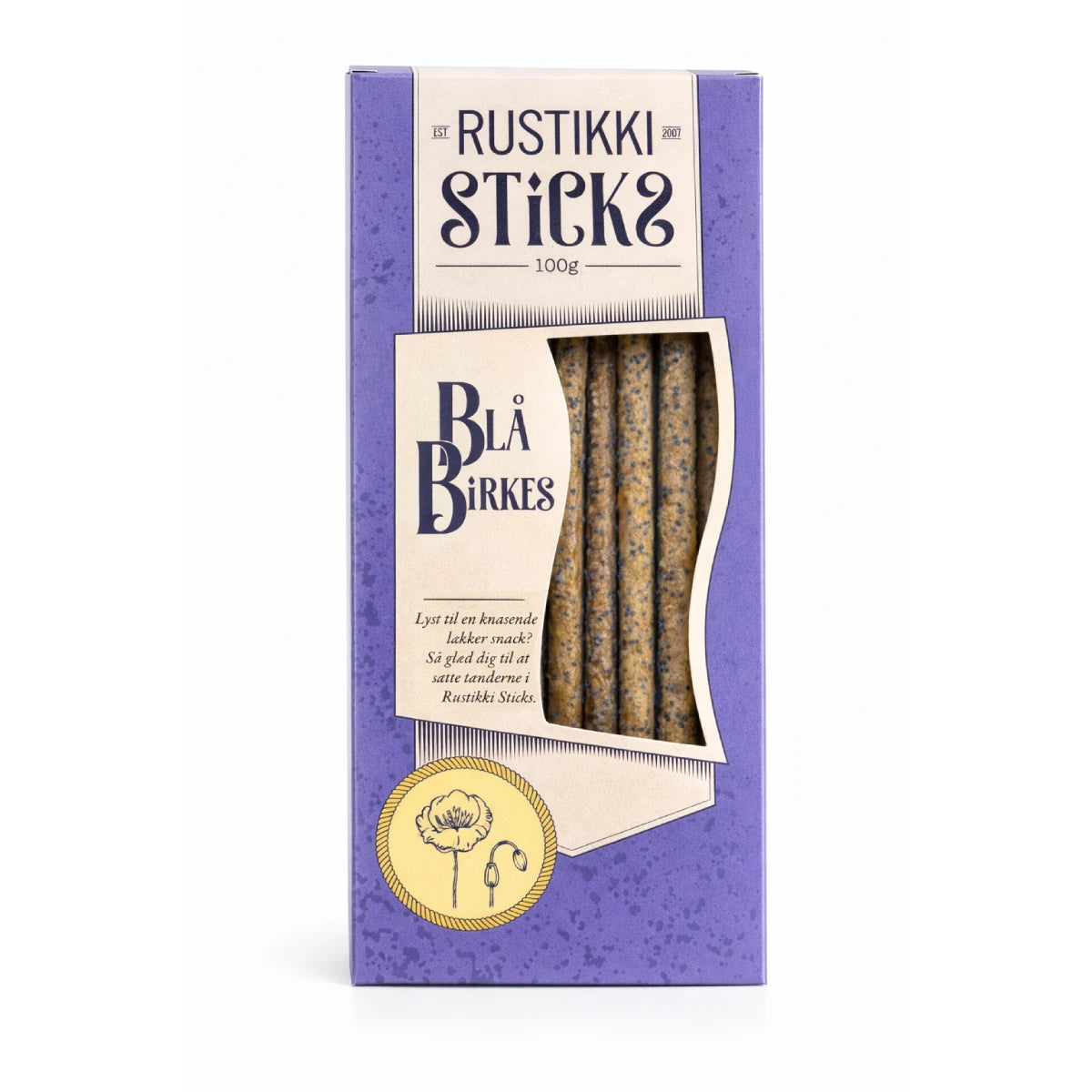 Rustikki Sticks Blå Birkes 100 g – sprøde knækbrødssticks med blå birkes, perfekte til tapas, ostebord, snacks og dip