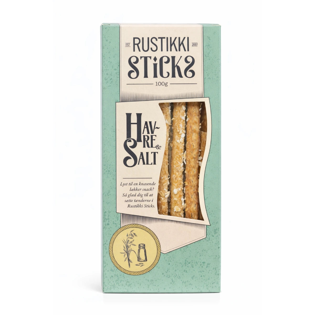 Rustikki Sticks Havre & Salt 100 g – sprøde brødstænger/knasesticks med havreflager og groft salt, bagt på surdejsinspireret opskrift; crunchy snack til ostebord, dip og tapas, perfekte i madpakken, på turen og som sprødt tilbehør til frokost og middag