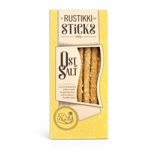 Rustikki Sticks Ost & Salt 100 g – sprøde brødstænger med ost (10%) og salt, knasende snack til ostebord, tapas og appetizer-servering, lækre med dip eller som sprødt tilbehør til frokost og middag
