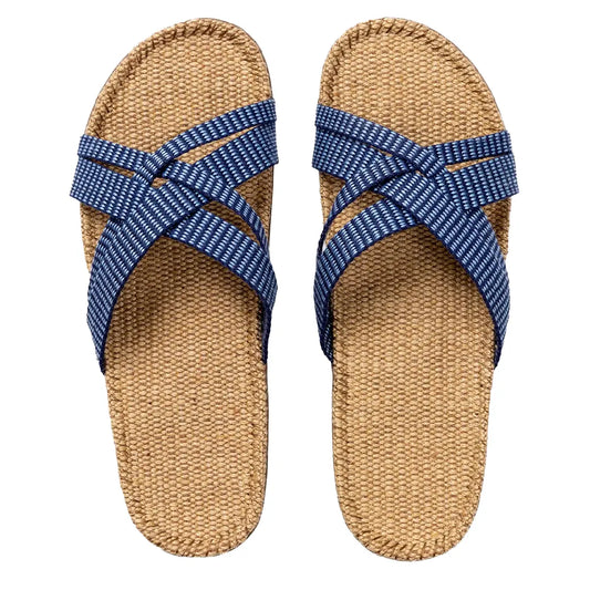 Shangies by Stilov Women#1 Blue Stripes blå sandaler med stribede krydsremme og jutesål