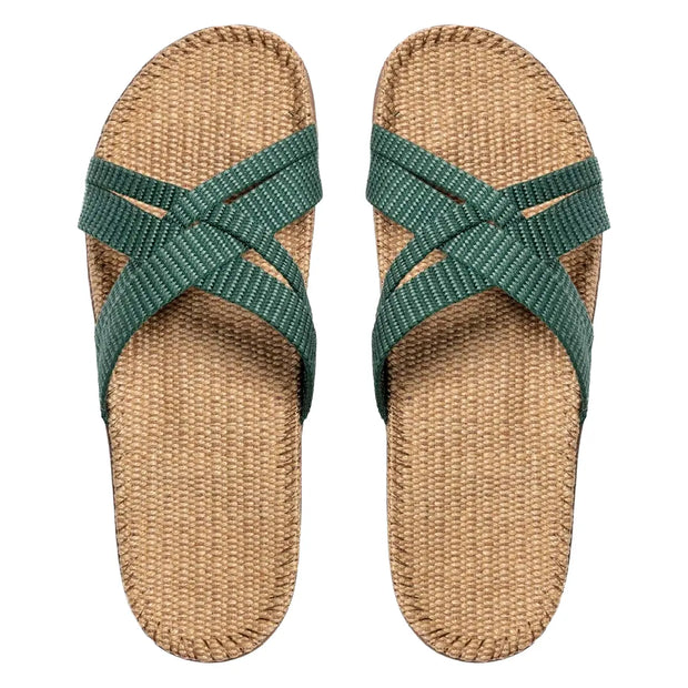 Shangies by Stilov Women#1 Misty Moss mørkegrønne sandaler med krydsremme og jutesål
