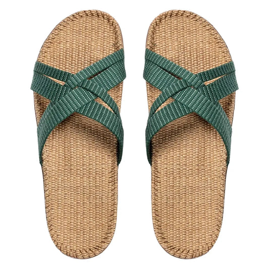 Shangies by Stilov Women#1 Misty Moss mørkegrønne sandaler med krydsremme og jutesål