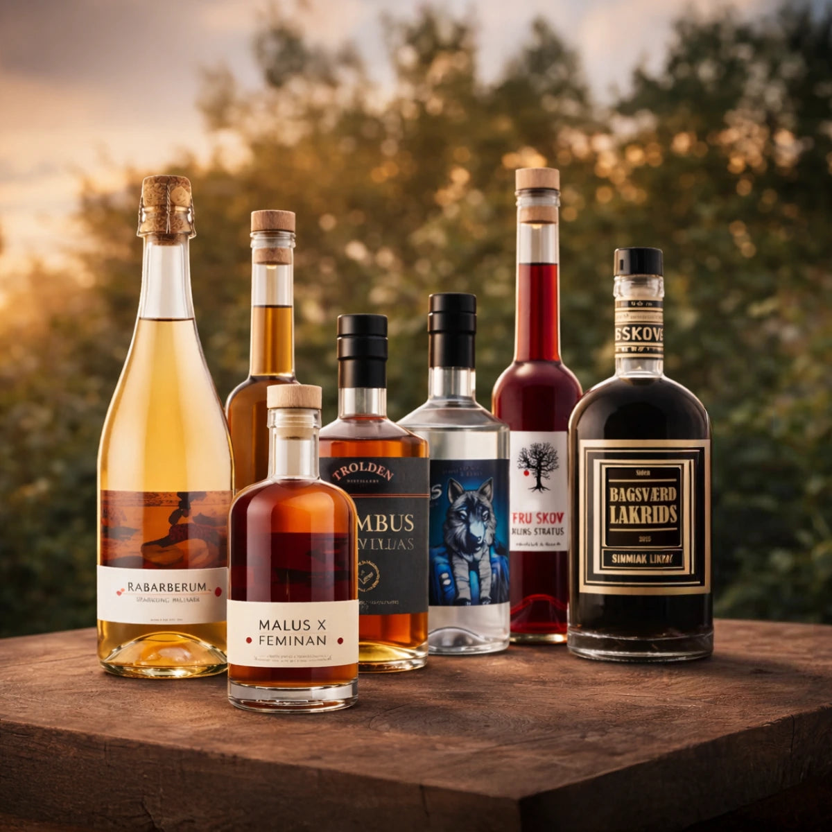 Spiritus kategori hos smagdansk.dk – udvalg af dansk spiritus på træbord i varm aftenlys, med flasker af likør, snaps, whisky og mousserende rabarbervin fra danske producenter.