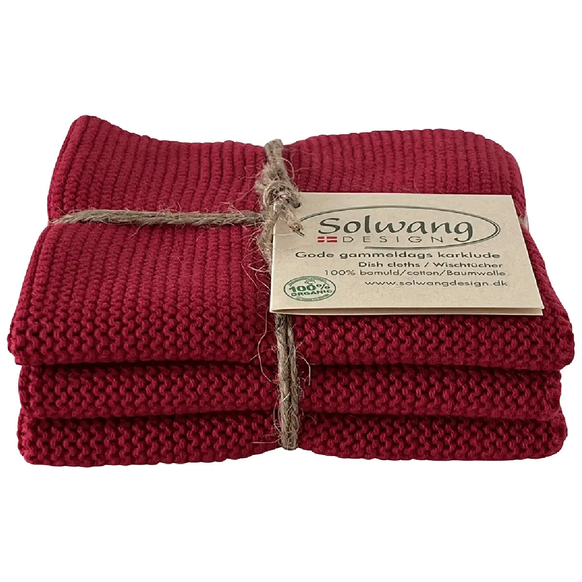 Solwang Design Deep Red strikkede karklude i økologisk bomuld, 3 stk.