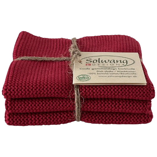 Solwang Design Deep Red strikkede karklude i økologisk bomuld, 3 stk.
