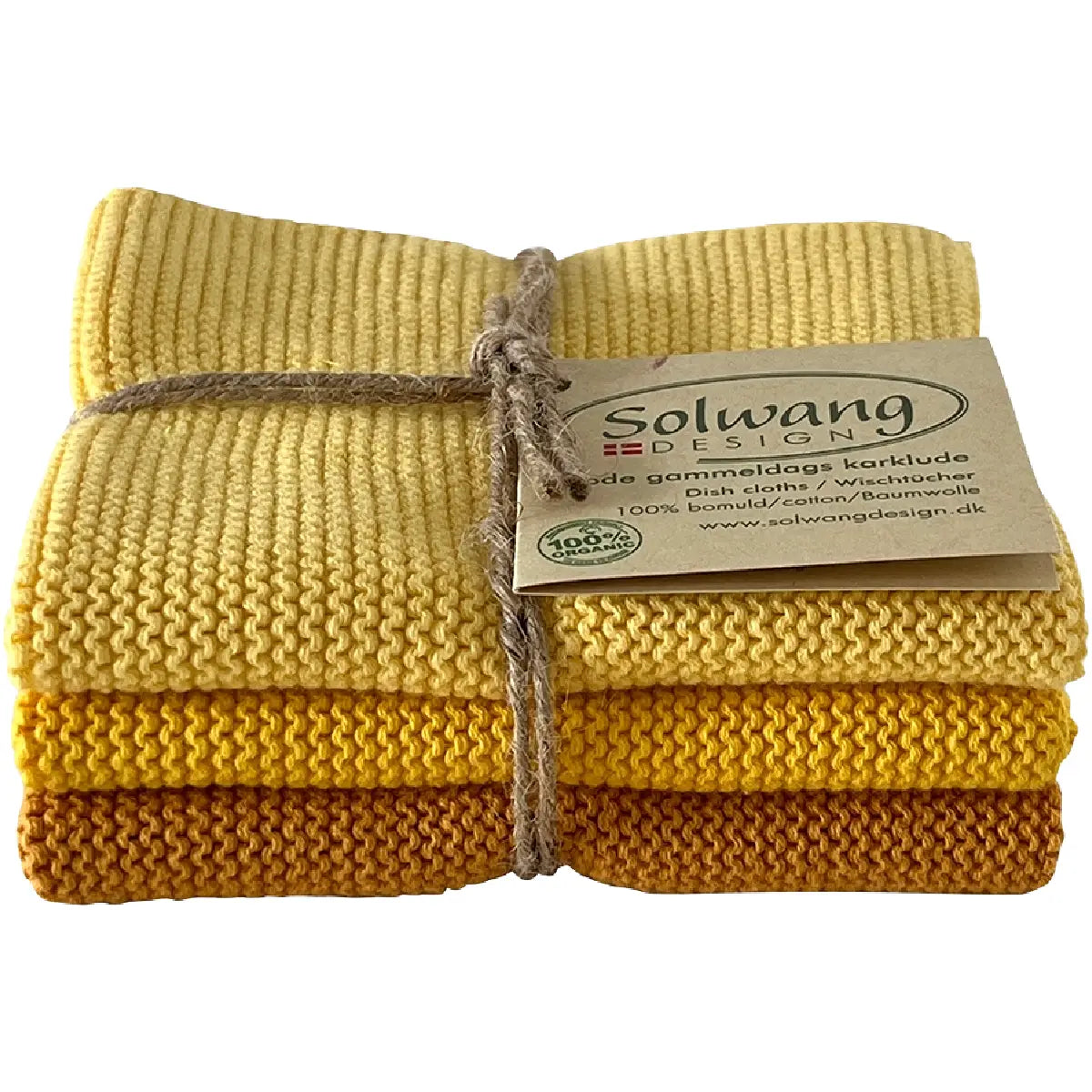 Solwang Design Yellow Combi strikkede karklude i gule nuancer og økologisk bomuld, 3 stk.