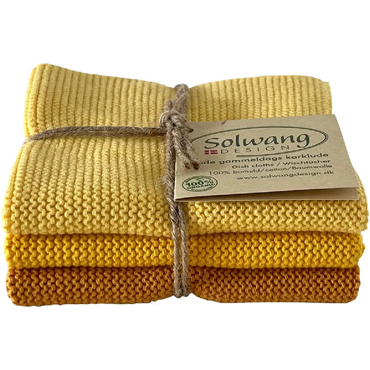 Solwang Design Yellow Combi strikkede karklude i gule nuancer og økologisk bomuld, 3 stk.