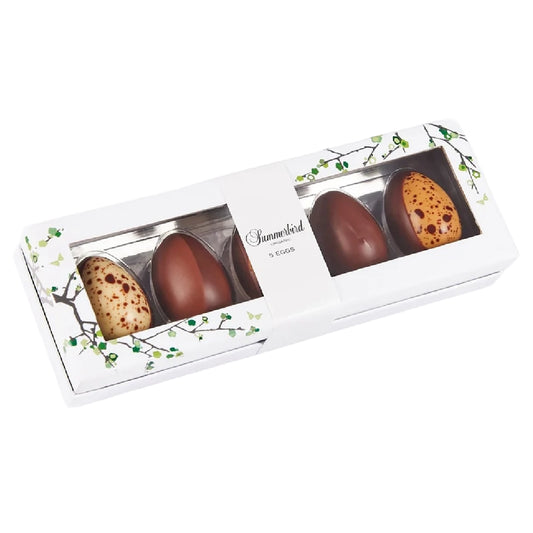 Summerbird 5 Classic Eggs 76 g gaveæske med 5 økologiske påskeæg: Liquorice, Pure Amande, Fleur d’Orange, Blond og Amber – marcipan, karamel, lakrids og citrusnoter