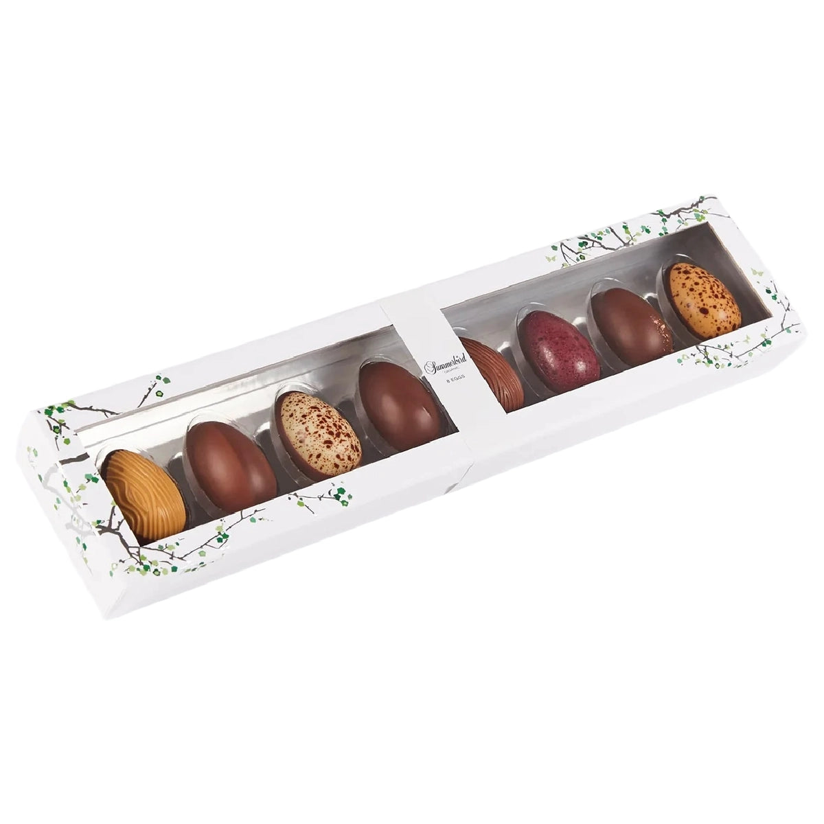 Summerbird 8 Eggs 240 g – økologisk gaveæske med 8 forskellige fyldte påskeæg med marcipan, praliné, karamel, lakrids samt citrus- og bærnoter