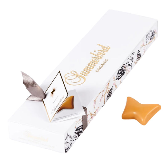 Summerbird Amber 130 g (10 stk) – økologiske chokoladesommerfugle i Amber Classic med karamelganache, vanilje og Piemonte-hasselnødder
