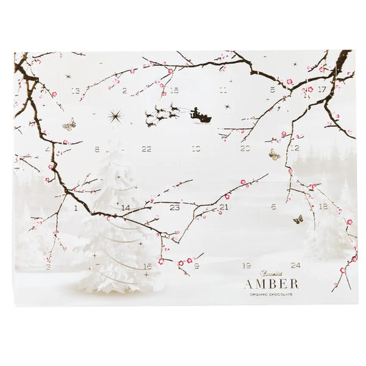 Summerbird Amber Christmas Calendar økologisk chokoladejulekalender med 1 stykke chokolade hver dag, lyst vinterdesign, 249 g