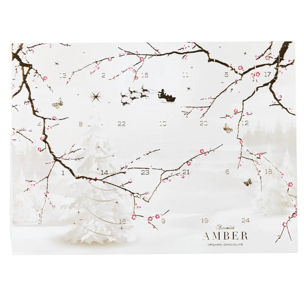 Summerbird Amber Christmas Calendar økologisk chokoladejulekalender med 1 stykke chokolade hver dag, lyst vinterdesign, 249 g