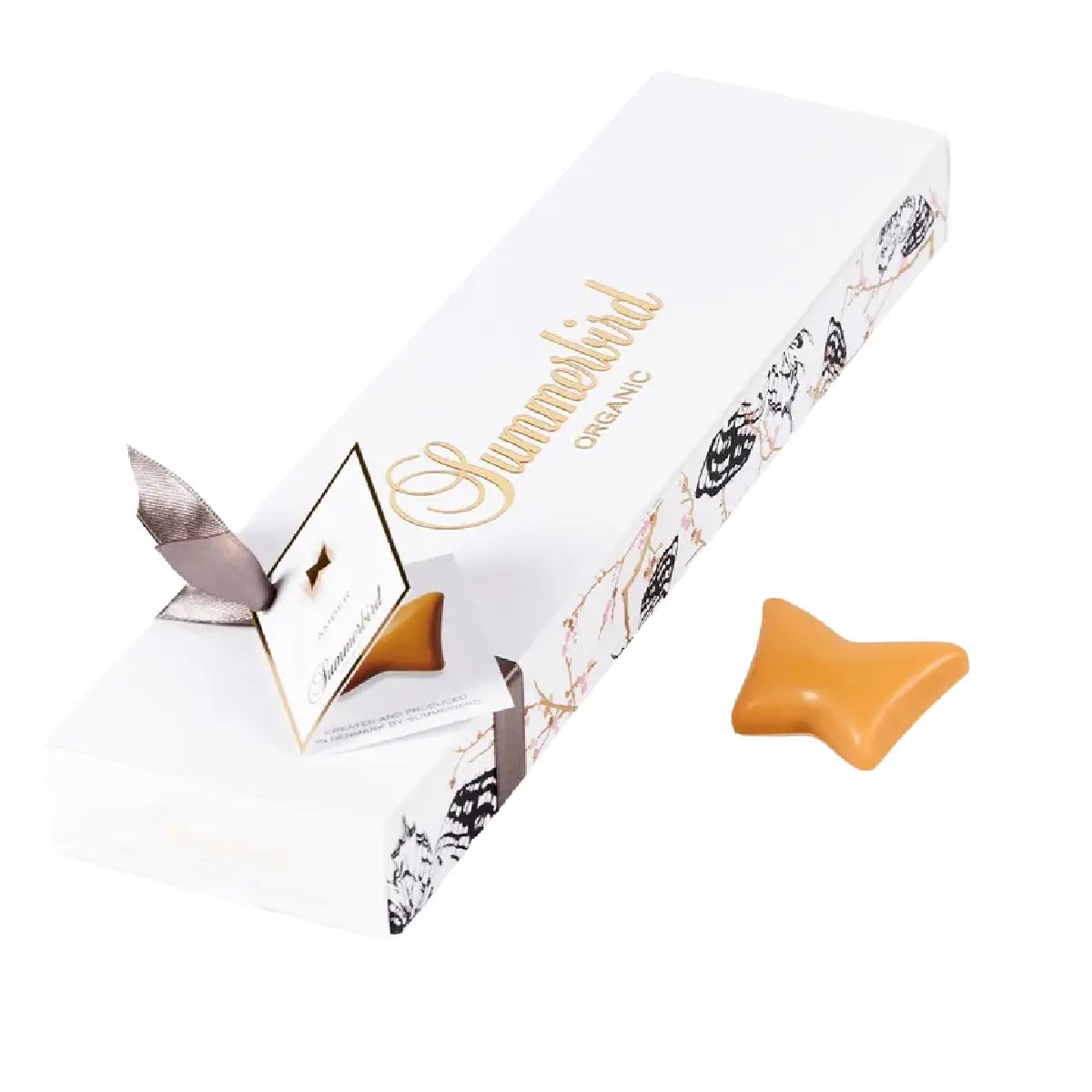 Summerbird Amber Gaveæske med 10 gyldne chokoladesommerfugle med karamelganache, hasselnød og vanilje