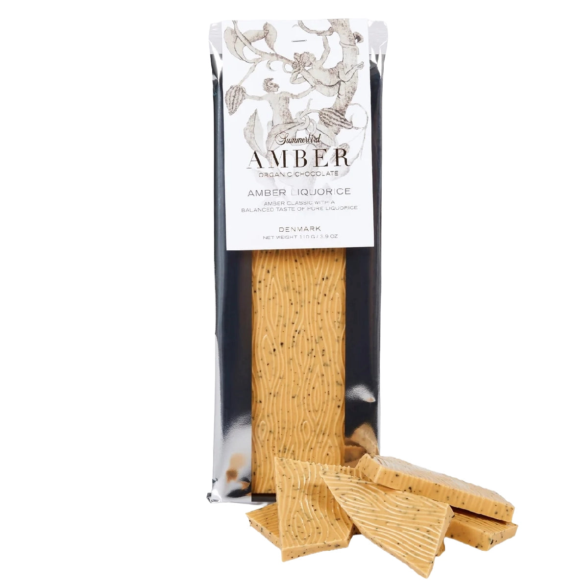 Summerbird Amber Liquorice 110 g – økologisk Amber gylden chokoladebar med lakridspulver og lakridsgranulat, karamelliseret og cremet smagsprofil