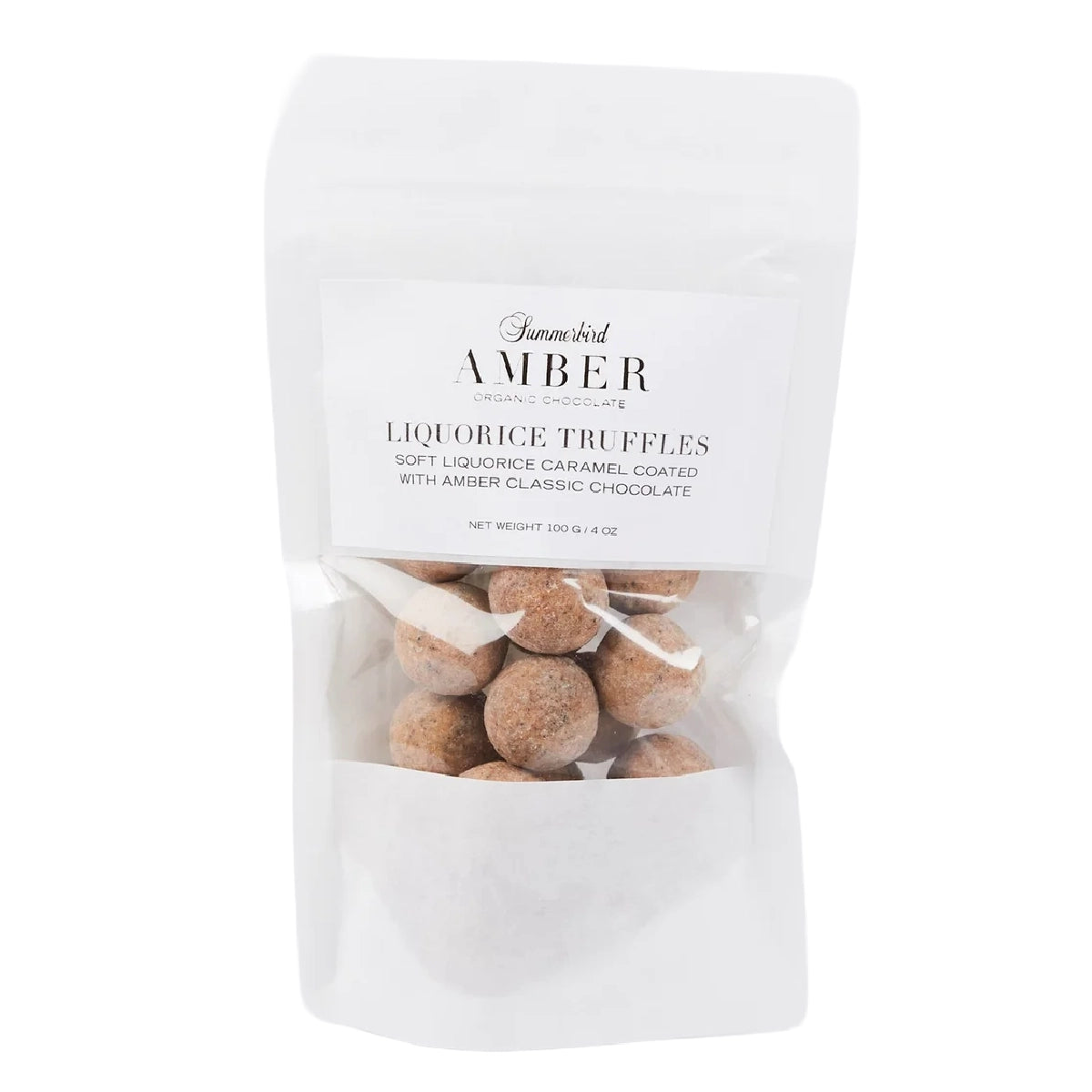 Summerbird Amber Liquorice Truffles 100 g – økologiske lakridstrøfler drageret med gylden Amber-chokolade, karamelliserede noter, vanilje og dyb lakridssmag