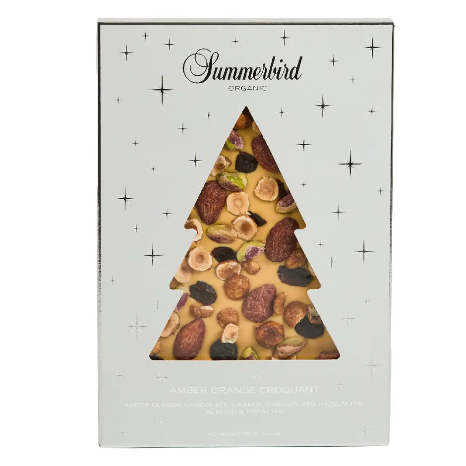 Summerbird Amber Orange Croquant med 260 g økologisk gylden Amber-chokolade, sprød mandel- og hasselnøddekrokant, pistacie, tranebær og appelsin