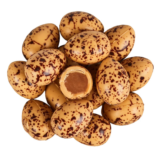 Summerbird Amber Quail Eggs – økologisk vagtelæg i gylden Amber-chokolade med vanilje og karamel, afrundet med Maldon havsalt og Læsø Sydesalt, 1 stk 7,8 g