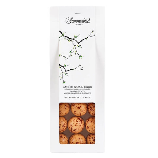 Summerbird Amber Quail Eggs 94 g – økologiske chokoladeæg i gylden Amber-chokolade med vanilje og karamelnoter, perfekt til påske og gave