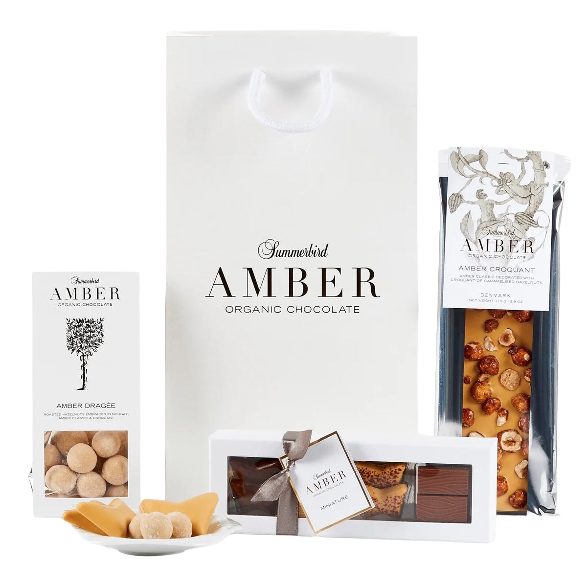 Summerbird Amberholic Giftbag 300 g – økologisk gavepose med udvalg af Amber Classic chokoladefavoritter, gylden Amber-smag med karamel og vaniljenoter