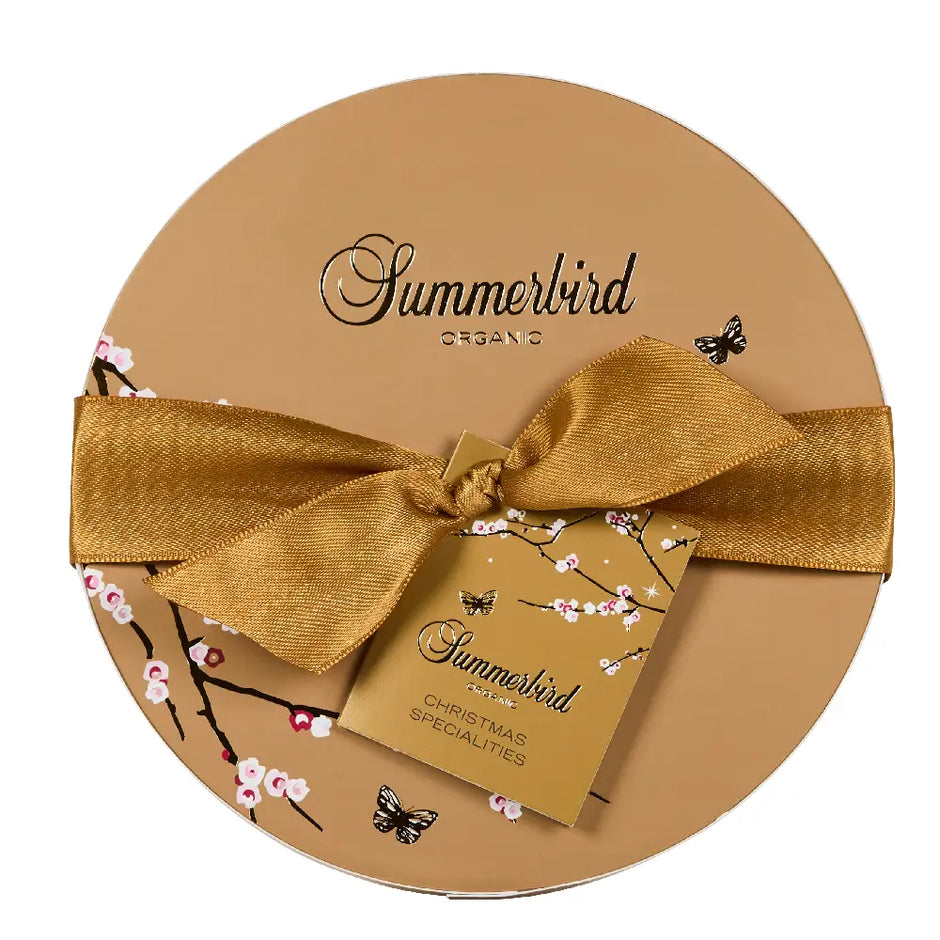 Summerbird Christmas Specialities gaveæske med 90 g økologisk chokolade i varianterne Blackcurrant, Piemonte og Amber Praliné med solbær, marcipan og hasselnødder