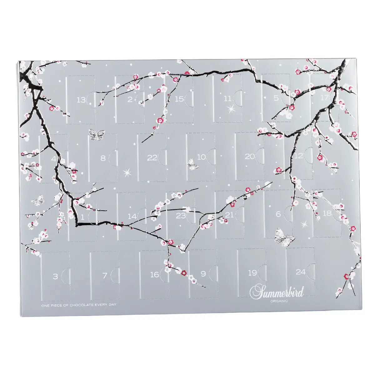 Summerbird Classic Christmas Calendar økologisk chokoladejulekalender med 1 stykke chokolade hver dag, lysegrå julekalender, 254 g