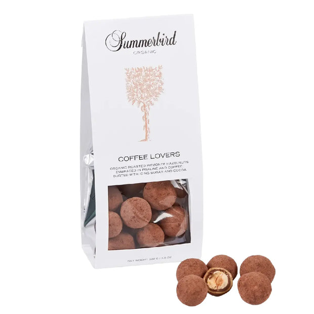 Summerbird Coffee Lovers 100 g – økologiske dragerede italienske hasselnødder med praliné, kaffe, Amber Classic-chokolade og kakaopulver, sprød nøddeknas med dyb kaffesmag