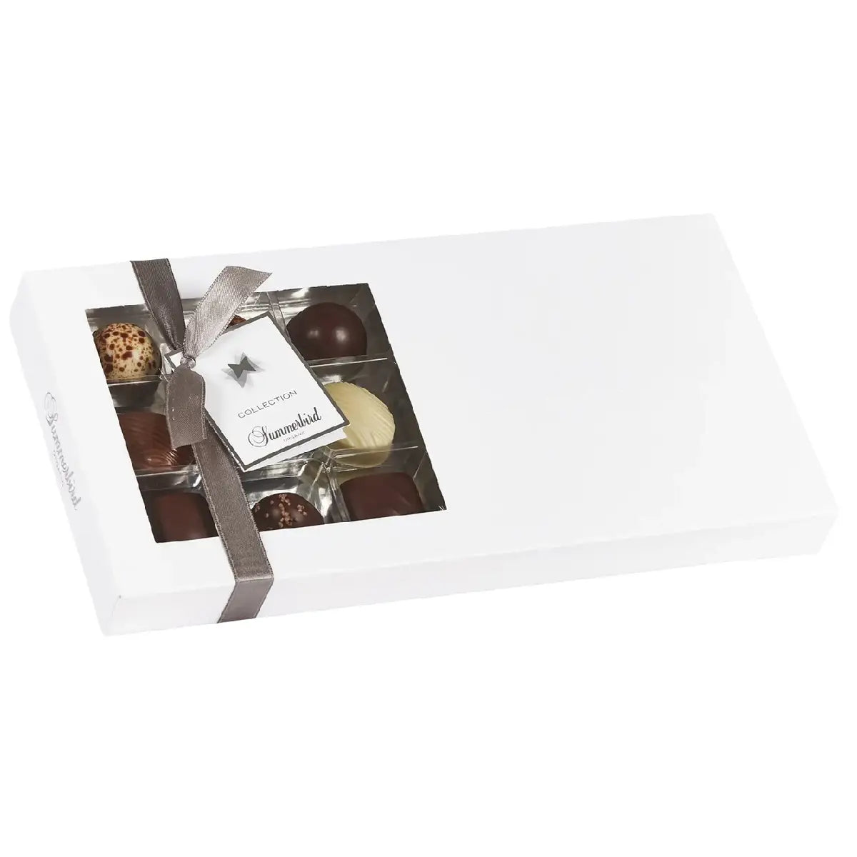 Summerbird Collection 18 200 g – økologisk gaveæske med 18 fyldte chokolader i ni varianter med marcipan, karamel, syltet appelsin, hindbær, lakrids, blodappelsin og et strejf af pebermynte