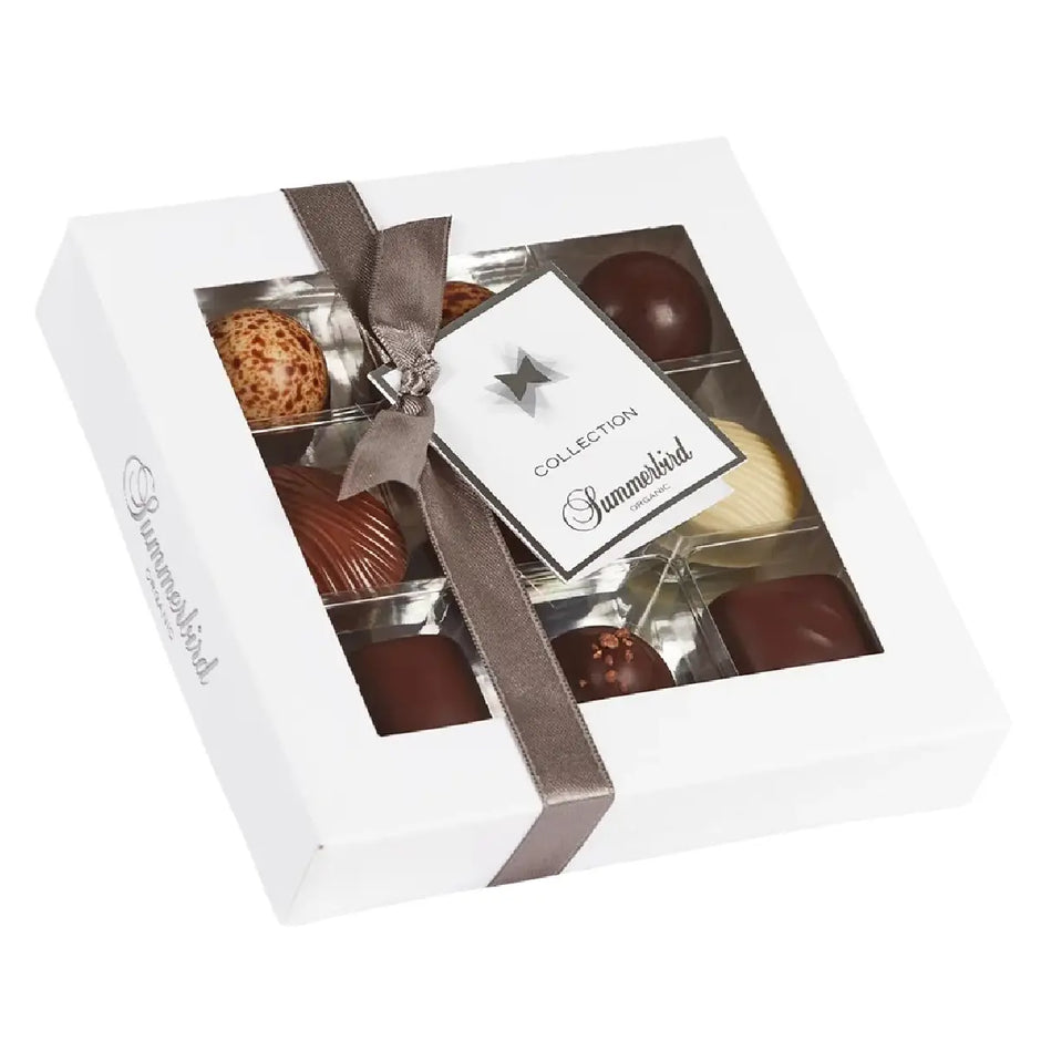 Summerbird Collection 9 105 g – økologisk gaveæske med 9 fyldte chokolader, blandet udvalg med marcipan, karamel, hindbær, lakrids, citrus og mynte, perfekt som lille gaveæske