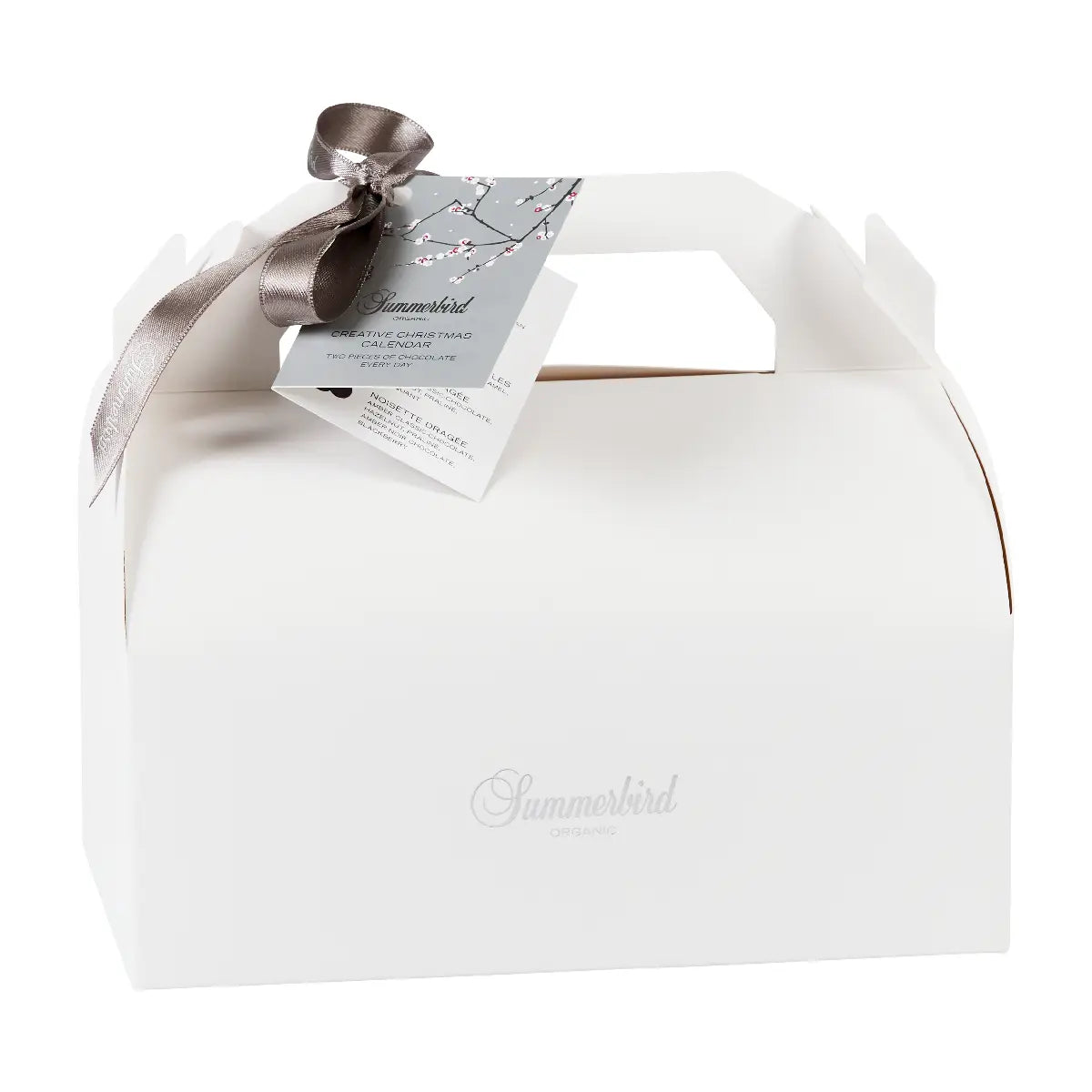 Summerbird Creative Christmas Calendar økologisk chokoladejulekalender i hvid gaveæske med bånd, 2 stykker chokolade hver dag, 565 g