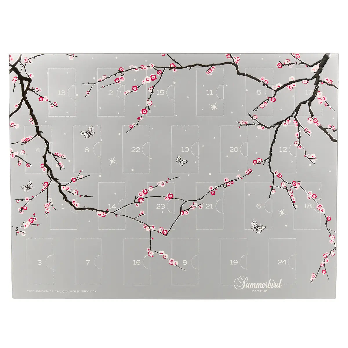 Summerbird Double Christmas Calendar økologisk chokoladejulekalender med 2 stykker chokolade hver dag, grå julekalender med blomstrende grene, 508 g