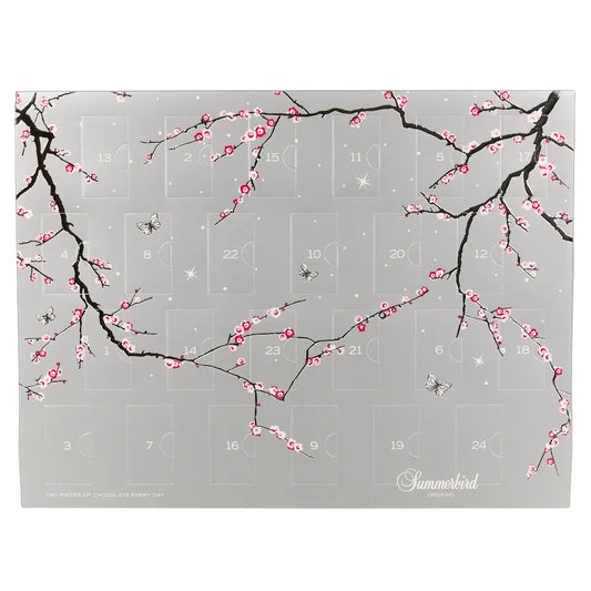 Summerbird Double Christmas Calendar økologisk chokoladejulekalender med 2 stykker chokolade hver dag, grå julekalender med blomstrende grene, 508 g