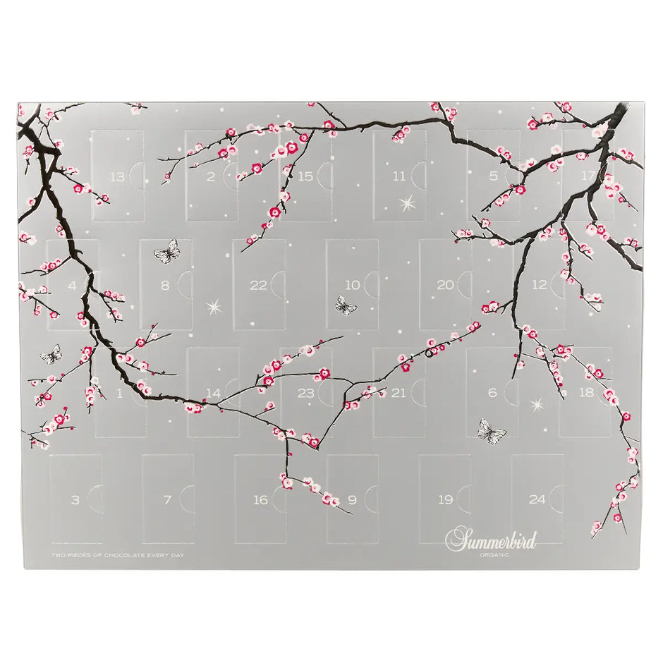 Summerbird Double Christmas Calendar økologisk chokoladejulekalender med 2 stykker chokolade hver dag, grå julekalender med blomstrende grene, 508 g