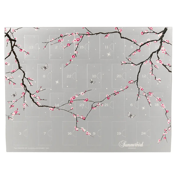 Summerbird Double Christmas Calendar økologisk chokoladejulekalender med 2 stykker chokolade hver dag, grå julekalender med blomstrende grene, 508 g