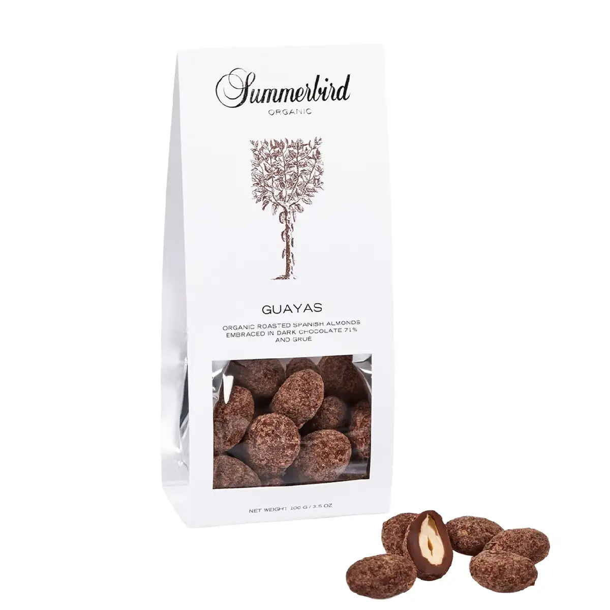 Summerbird Guayas 100 g – økologiske dragerede spanske mandler med mørk chokolade 71%, et tyndt lag nougat og knuste kakaobønner, sprød nøddesnack med intens kakaoprofil