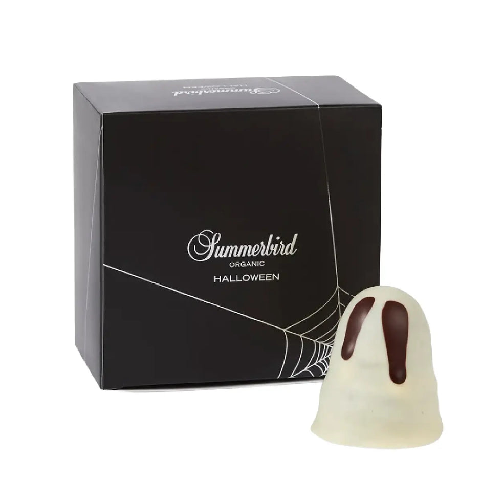 Summerbird Halloween Grand Cru 200 g med 4 økologiske flødeboller med marcipan, lakridsguf samt hvid og mørk chokolade