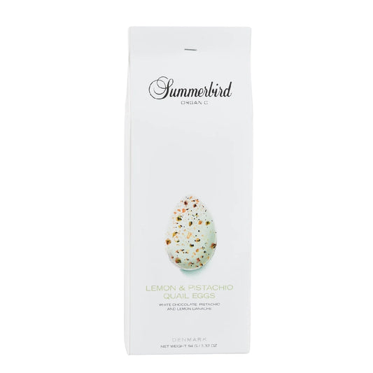 Summerbird Lemon & Pistachio Quail Eggs 94 g – økologiske vagtelæg i hvid chokolade med pistacie og citronganache, frisk citrusprofil og nøddepræg