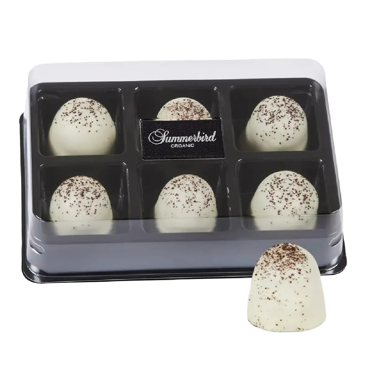 Summerbird Mini Liquorice flødeboller 6 stk 120 g – økologiske mini-flødeboller med marcipanbund og rå lakrids, lakridsmarengs samt overtræk af mørk chokolade Amazonas 61% og hvid chokolade White Vanilla
