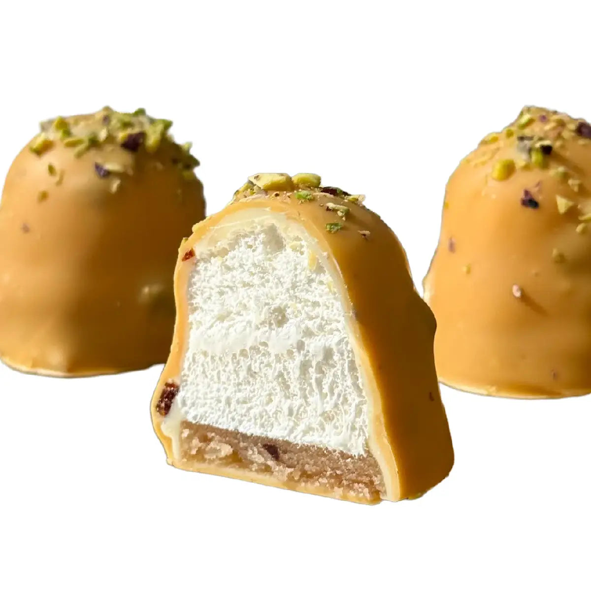 Summerbird Mini Spring flødebolle 1 stk 20 g – økologisk mini-flødebolle med marcipan, italiensk marengs med passion og vanilje, knust karamel, Amber Classic-chokolade og pistacie