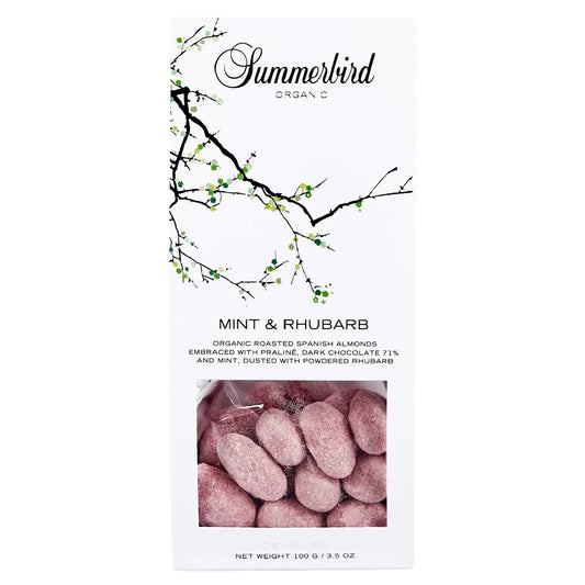 Summerbird Mint & Rhubarb 100 g – økologiske dragerede spanske mandler med mørk chokolade 71%, nougat, frisk mint og rabarber