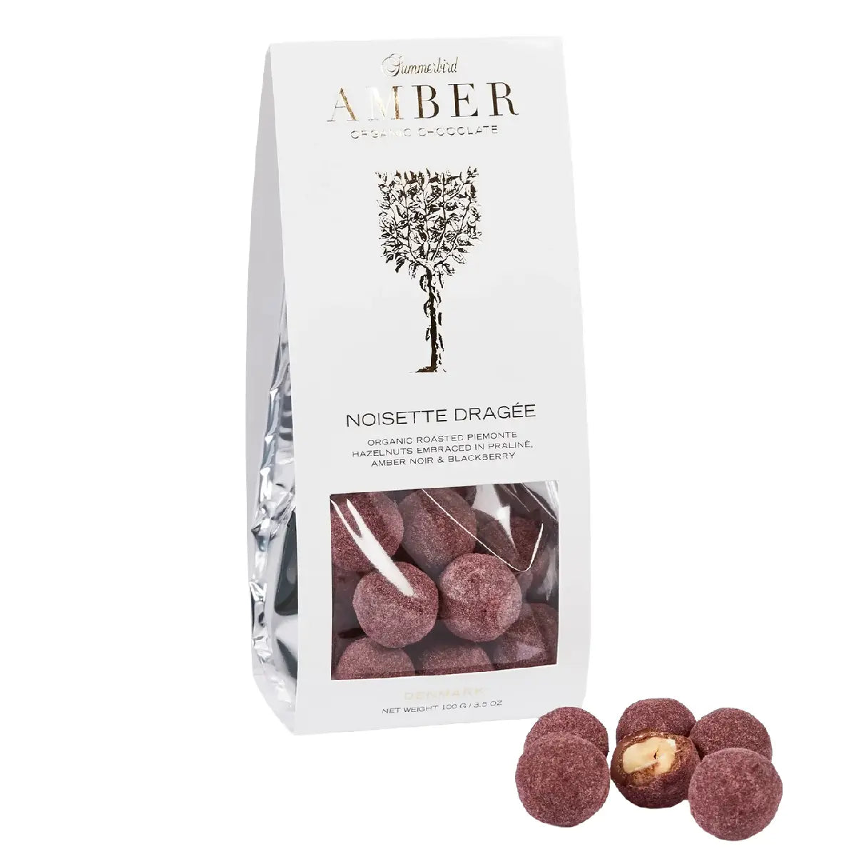 Summerbird Noisette Dragée 100 g – økologiske italienske hasselnødder dragéeret med praliné, Amber gylden chokolade 53% og brombærpulver, sprød dragée med frugtigt twist