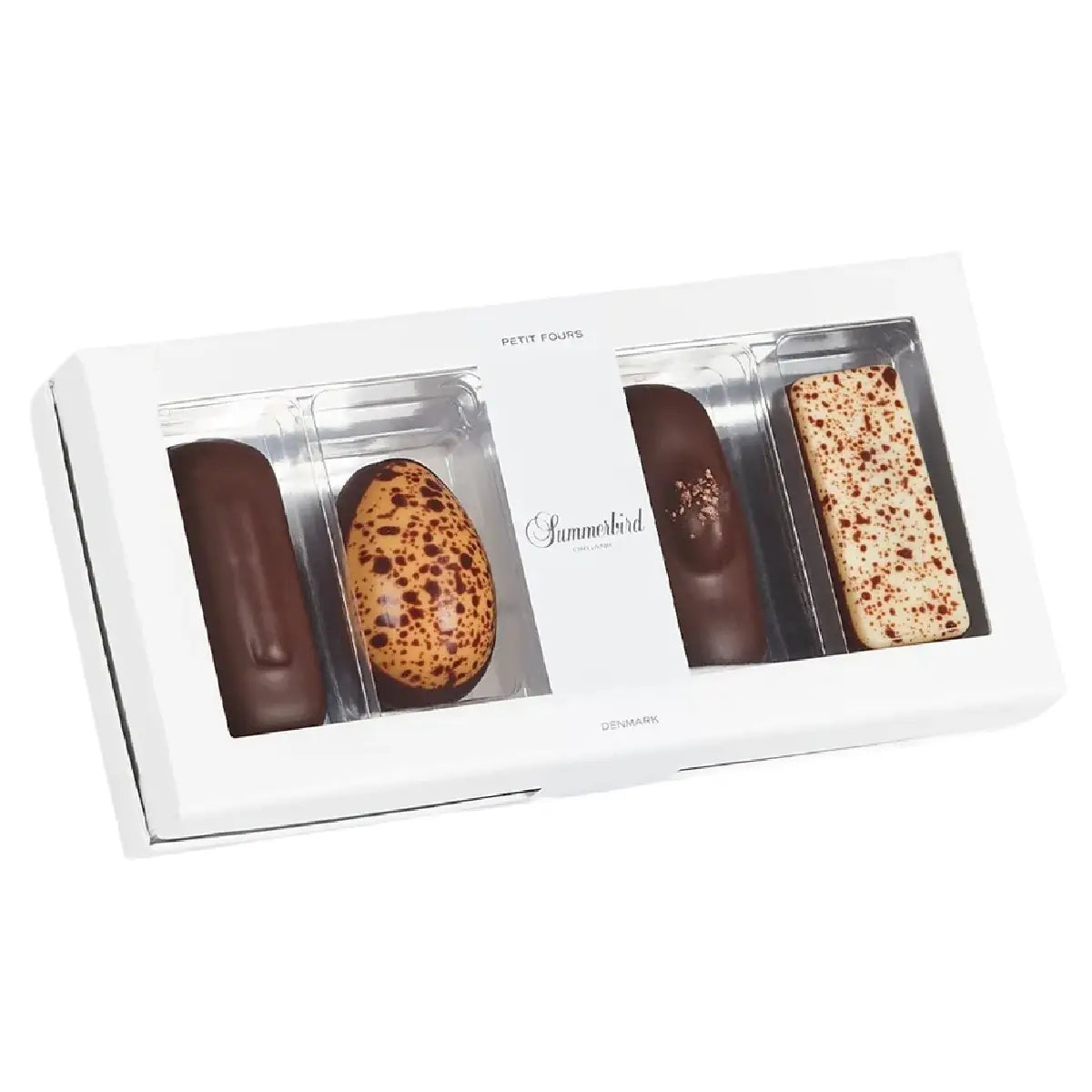 Summerbird Petit Four 4 80 g – økologisk gaveæske med 4 petit four i varianterne Amber, Provence, Amande og Pollock med marcipan på mandler, karamel, syltet appelsin, grué og lakrids i hvid og mørk chokolade
