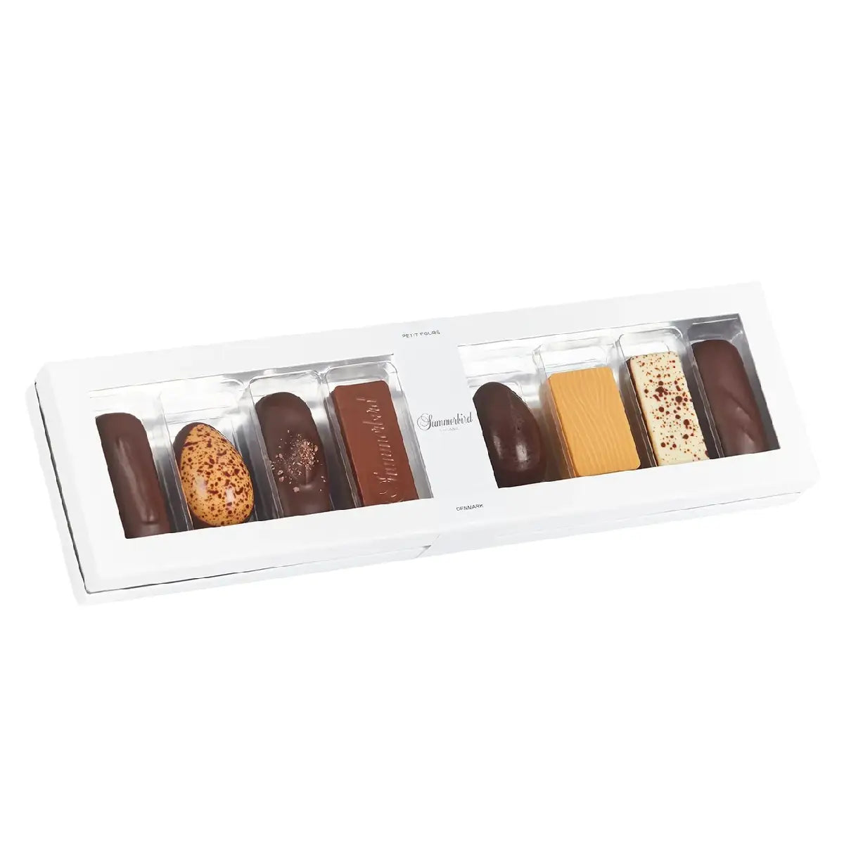 Summerbird Petit Four 8 160 g – økologisk gaveæske med 8 fyldte chokolader i varianter med marcipan, appelsin, karamel, lakrids, solbær og praliné