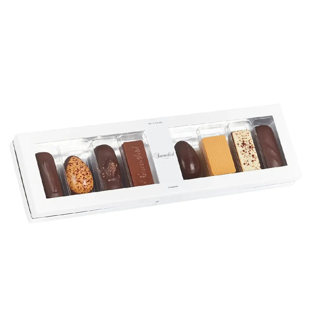 Summerbird Petit Four 8 160 g – økologisk gaveæske med 8 fyldte chokolader i varianter med marcipan, appelsin, karamel, lakrids, solbær og praliné