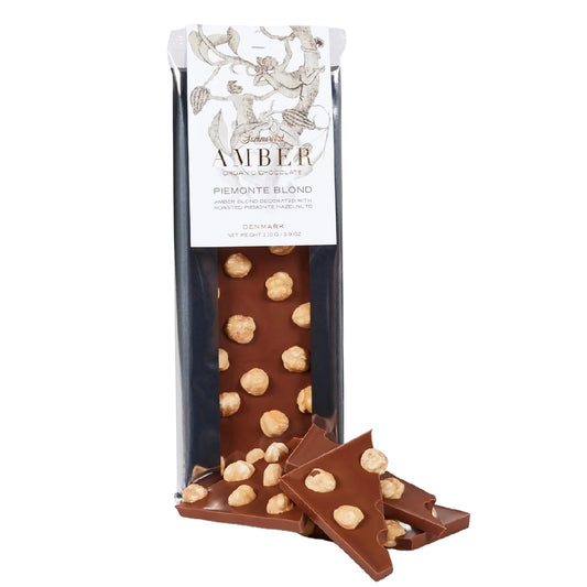 Summerbird Piemonte Blond 110 g – økologisk Amber Blond gylden chokoladebar med ristede Piemonte hasselnødder, karamelliserede noter og cremet mælkeprofil