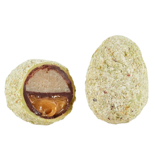 Summerbird Pistachio Velvet Egg 20 g – drageret økologisk påskeæg med marcipan og pistacieganache, hvid chokolade og mørk chokolade Amazonas 61% samt frisk citrontouch og revet pistacie