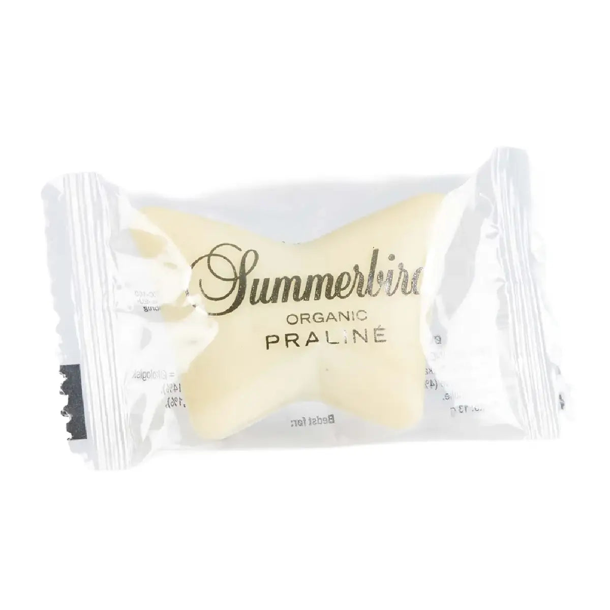Summerbird Praliné 1 stk 13 g – økologisk chokoladesommerfugl med praliné/nougat i hvid chokolade, parfumeret med orangeblomstvand og appelsinolie, kan indeholde spor af æg og nødder