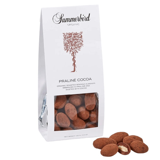 Summerbird Praliné Cocoa 100 g – økologiske dragerede spanske mandler med nougat, mørk chokolade 71% og kakaopulver, sprød mandel med dyb chokoladesmag