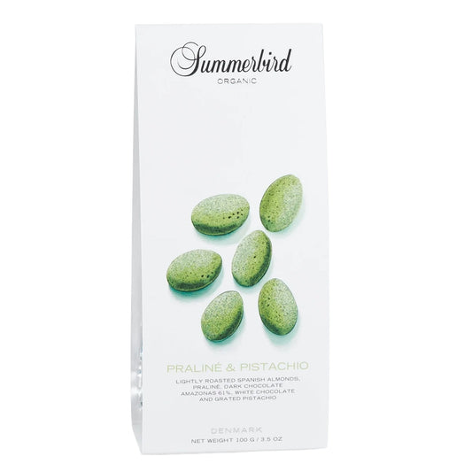 Summerbird Praliné & Pistachio 100 g – økologiske dragerede spanske mandler med praliné og pistacie, overtrukket med hvid og mørk chokolade 61%